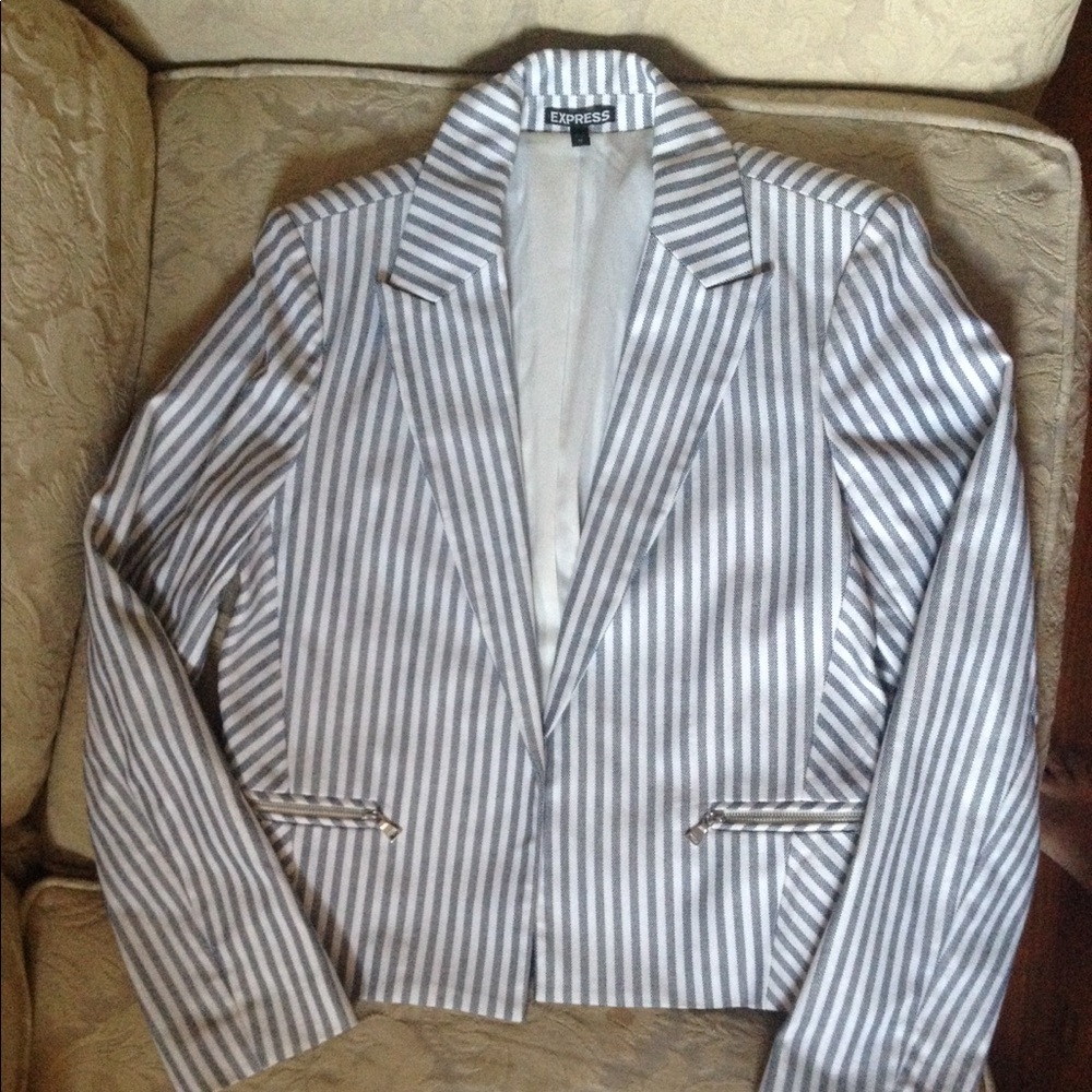 Express white and blue striped crop blazer